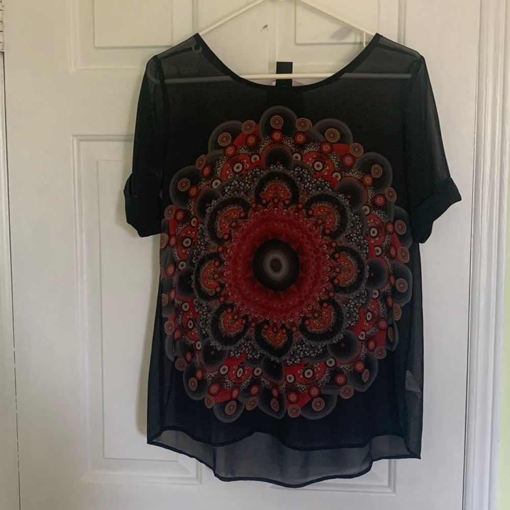 Sheer blouse with cuffed sleeves